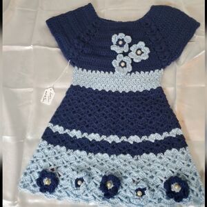 Handmade Navy and Light Blue Crochet Kids Dress